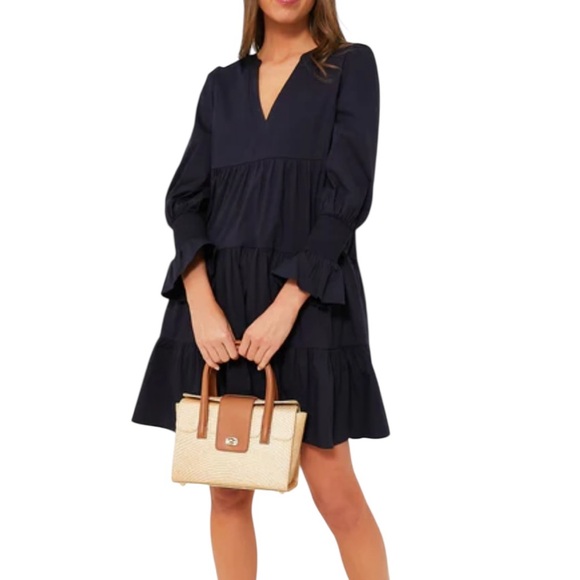 POMANDER PLACE Tiered V Neck Bell Sleeve Dress Size Small in Navy - Picture 13 of 13